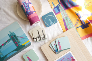 Coasters, placemats and tea towels in bright colours, illustrated with London Landmarks. 