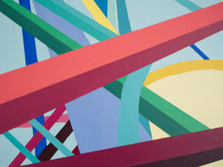Lower section of an abstract painting showing the detail in angled bars and circular shapes of colour.