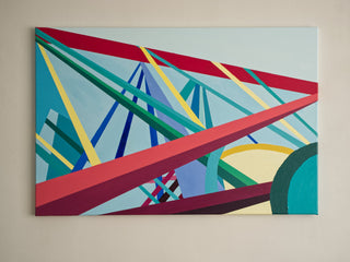 Buildng Bridges Bright abstract original painting hanging on an off-white wall.