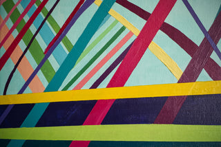 Lower left section of original painting Dance Party with brightly coloured angled stripes.