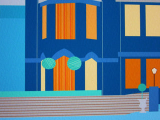Wall and window stripe detailing in Balham Bowls Club art print.