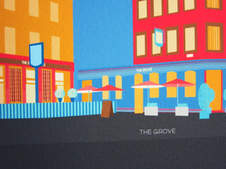 Close up of Pubs of Balham illustration showing umbrellas in front of The Grove.