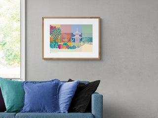 Framed art print of Battersea Park by South Island Art. The print hangs on a light wall by a window.