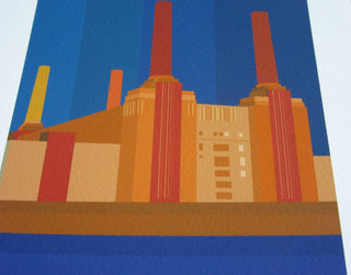 Battersea Power Station illustrated in red and orange against a background of blue stripes.